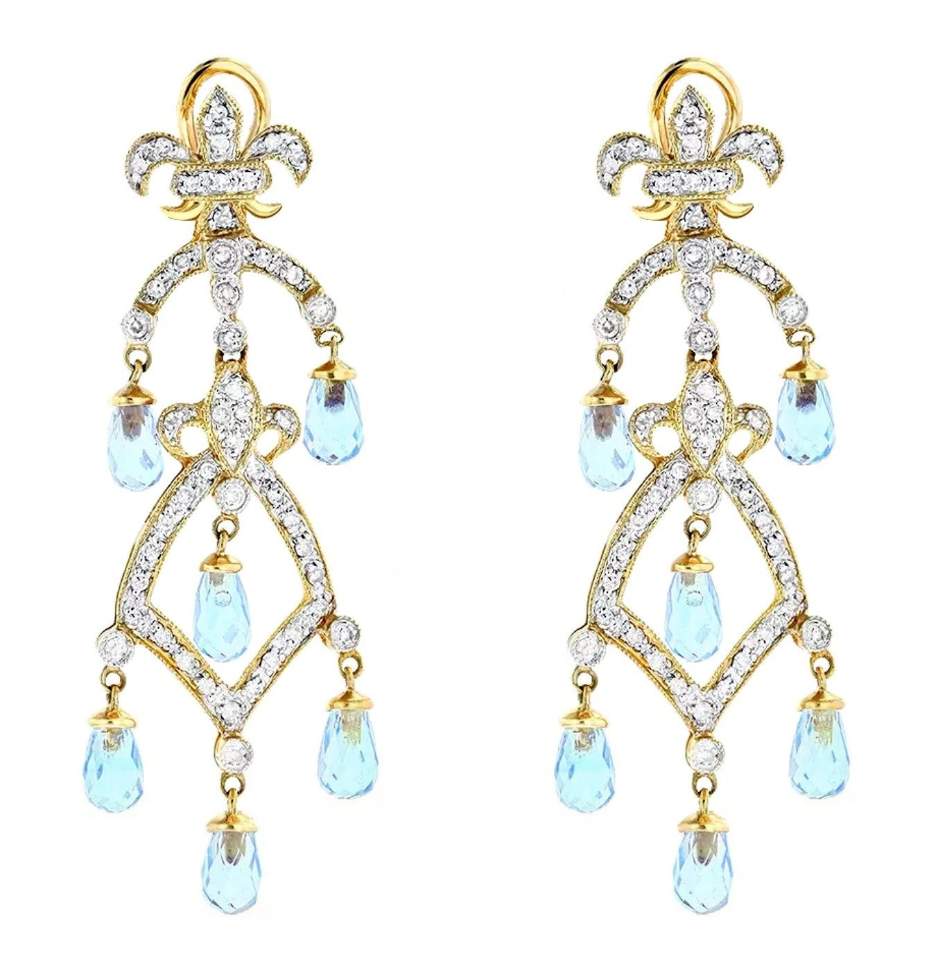 Set of Earrings Chandelier Fleur De Lis 14k Yellow Gold 7 Grams Gold 0.55 Carat Diamonds