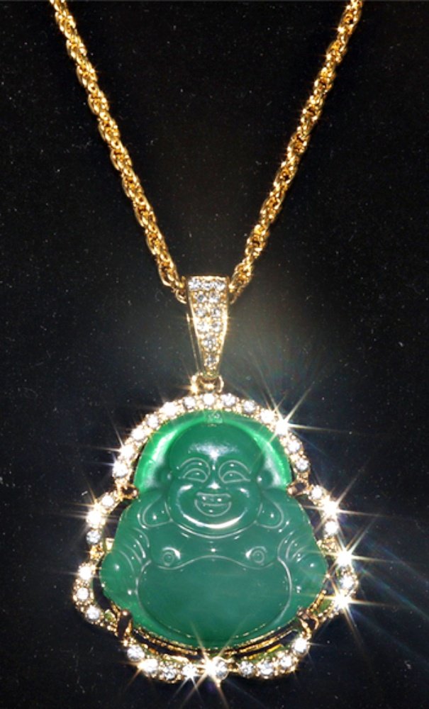 Custom Jewelry Necklace Buddha Jade Gold Tone Cubic Zirconia 20''L 2''W