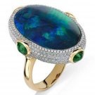 Custom Jewelry Opal Center Stone 0val Shape Emerald Side Stones CZ Metal Ring Size 7