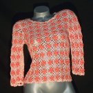 Hippie Boho Crocheted Crochet Top Shirt Coral & Cream 3/4 Sleeves Sleeve