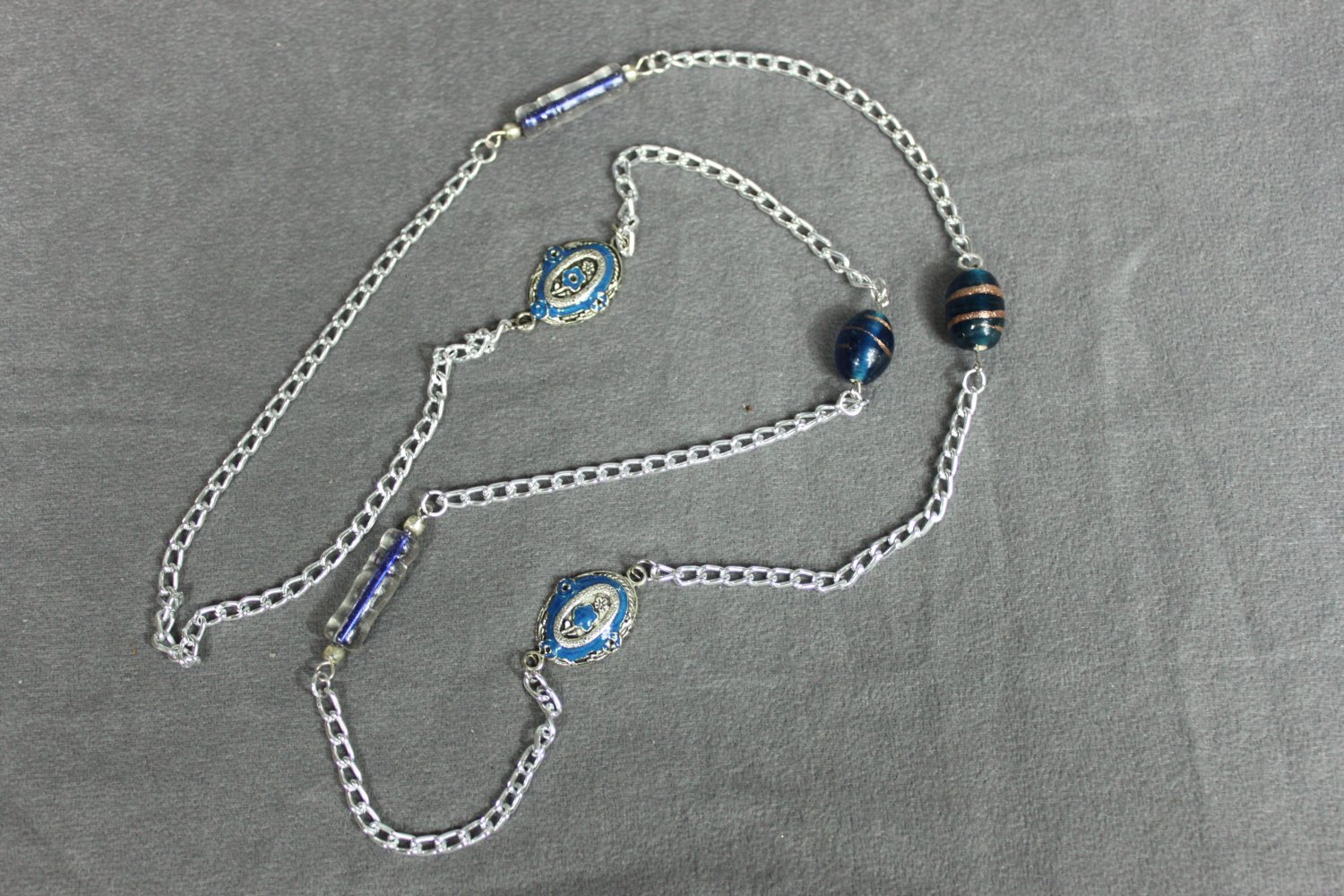 Handmade Long Chain Necklace with Blue