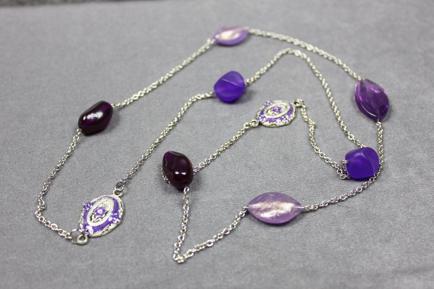 Handmade Long Chain Necklace with Purple Beads