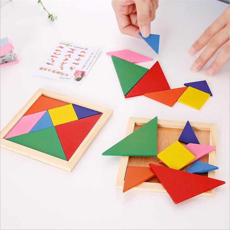 3D Wooden Tangram 7 Piece Jigsaw Puzzle Colorful Square IQ Game Brain ...