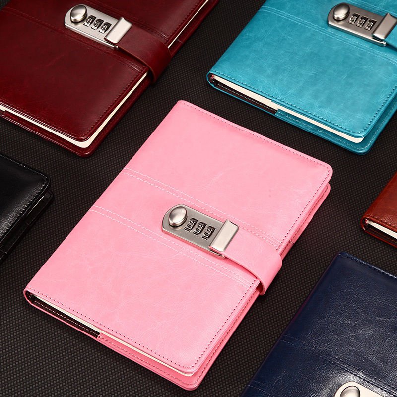 Combination Lock Journal Leather Binder Blank Diary Writing Notebook - PINK