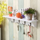 "Sweet Home" Rustic White Wood Wall Shelf with 4 Hooks Hanger for Clothing, keys