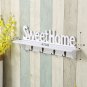 "Sweet Home" Rustic White Wood Wall Shelf with 4 Hooks Hanger for Clothing, keys