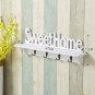 Small Wall Shelf White with 4 Hooks Wooden Rustic Home Decor 18.5", "Sweet Home"
