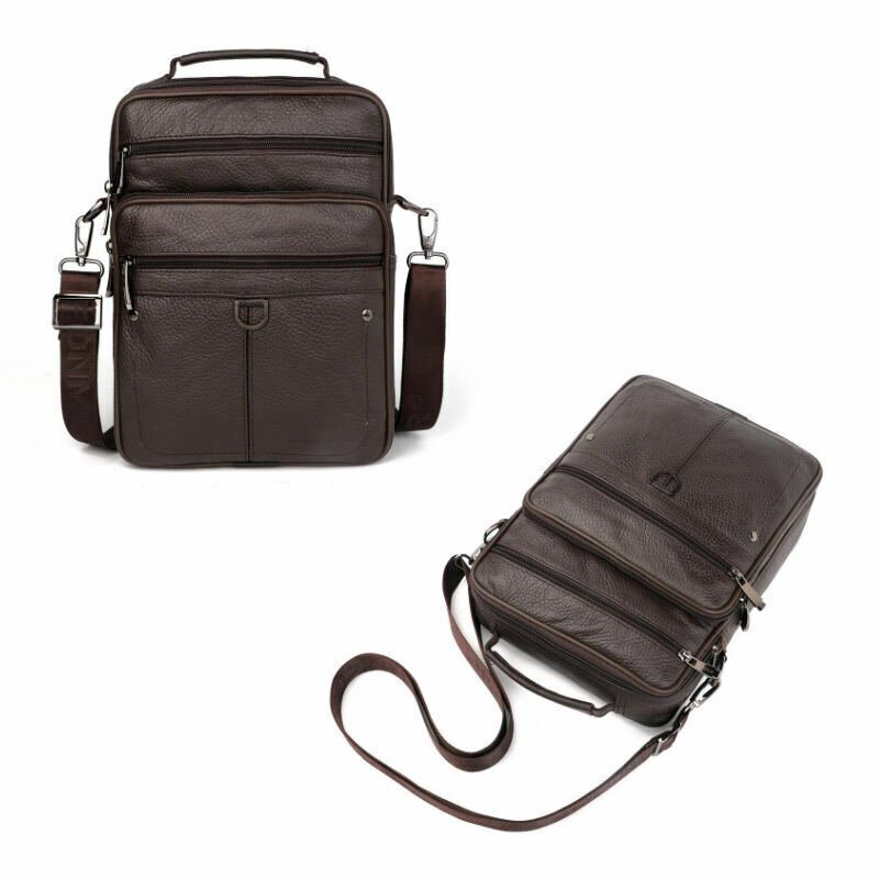 Mens Vertical Messenger Bag Genuine Leather Shoulder Bag  Strap Flat Design
