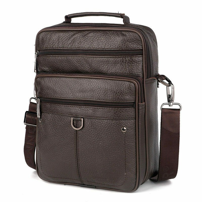 Mens Vertical Messenger Bag Genuine Leather Shoulder Bag Web Strap Flat ...