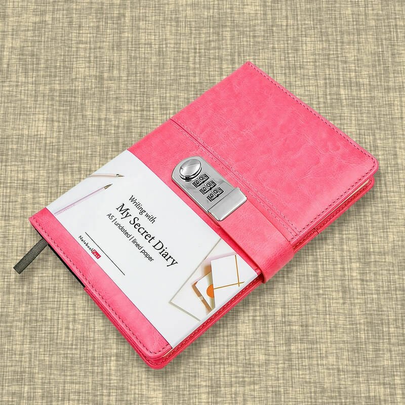 A5 Styish Pink Leather Combination Lock Journal for Grils, 220 Pages Lined Paper