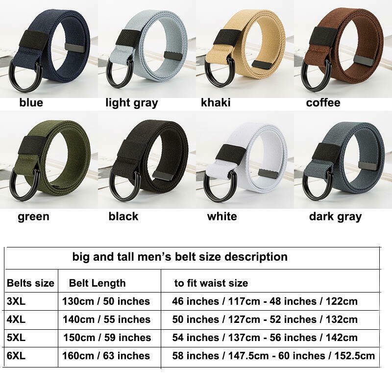 Mens Belt White Big and Tall with Double D Ring Buckle, Belt Size 3XL