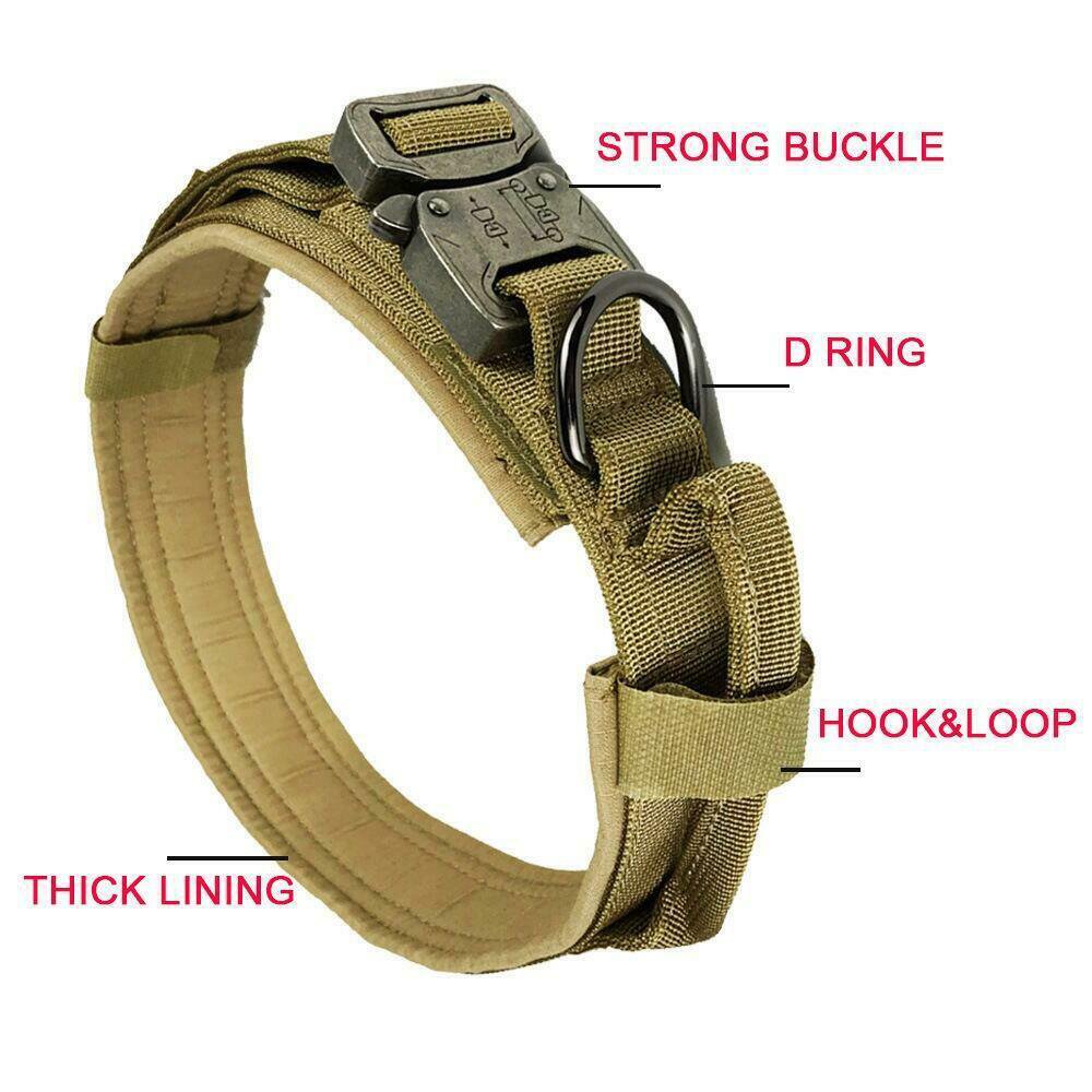 Heavy Duty Tactical K9 Dog Collar with Metal Cobra Buckle,D Ring,Hook