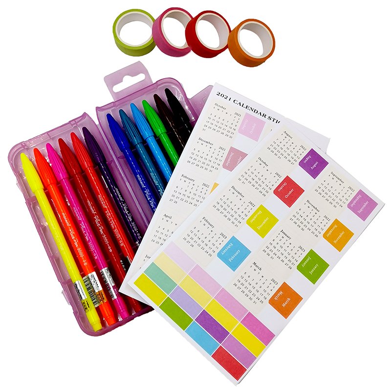 Set of 12 Fineliner Pens, 2022 Calendar Sticker and 4 rolls Washi Tape for Journaling