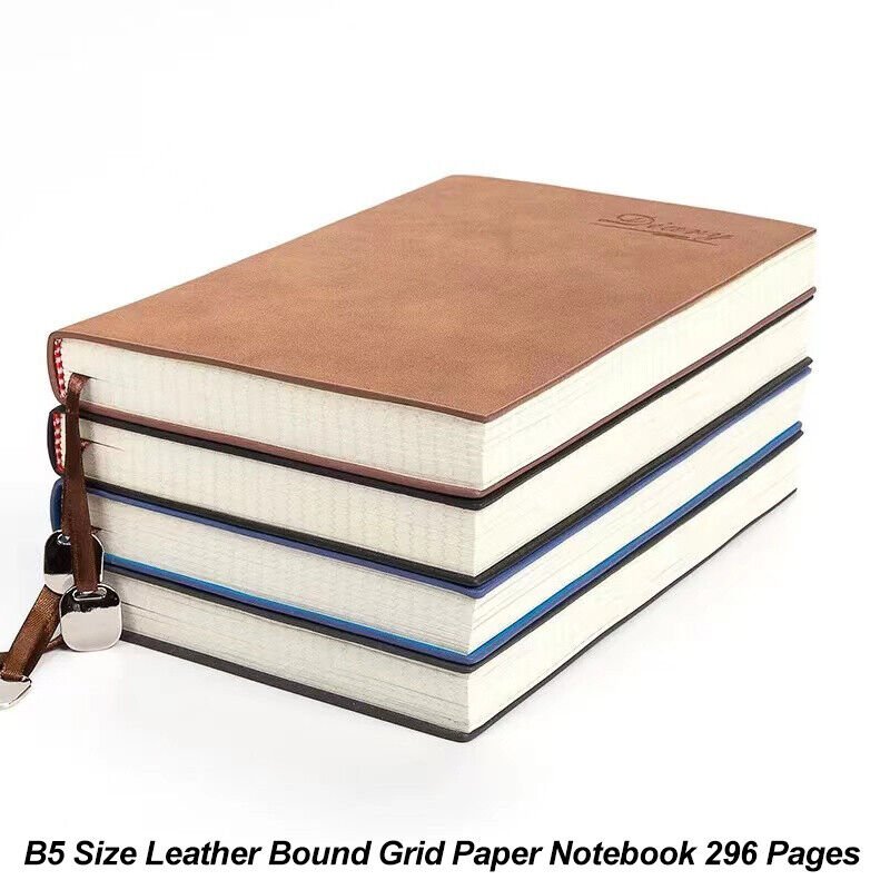 B5 size Leather Bound Grid Paper Notebook 296 Pages for Math, Writing, Drawing