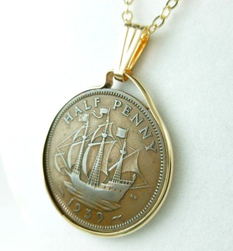 British Half Penny Coin Pendant George VI Golden Hind Ship Gold Filled