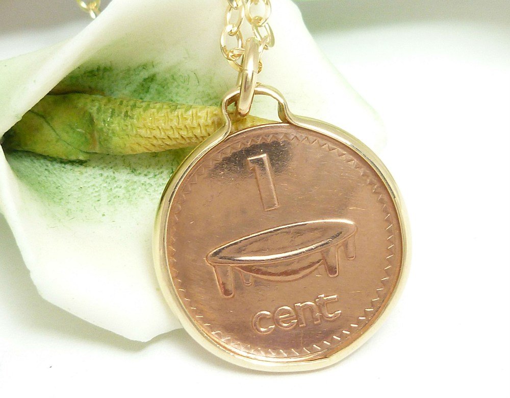 Fiji Coin 1 Cent Copper Coin Pendant Kava Bowl 14 kt Gold Filled Coin jewelry
