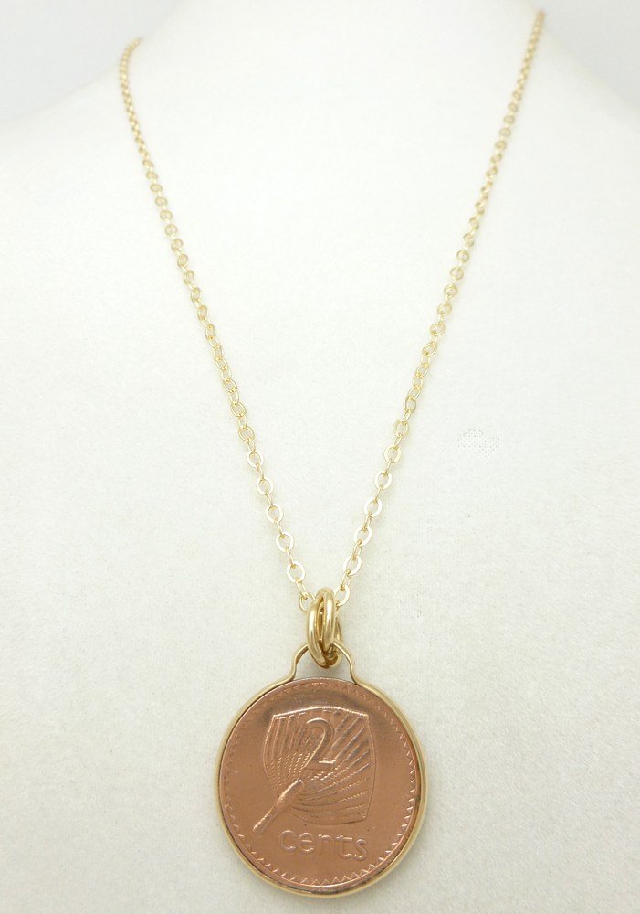 Fiji 2 Cent Copper Coin Pendant Fan Palm Gold Filled Necklace Coin jewelry