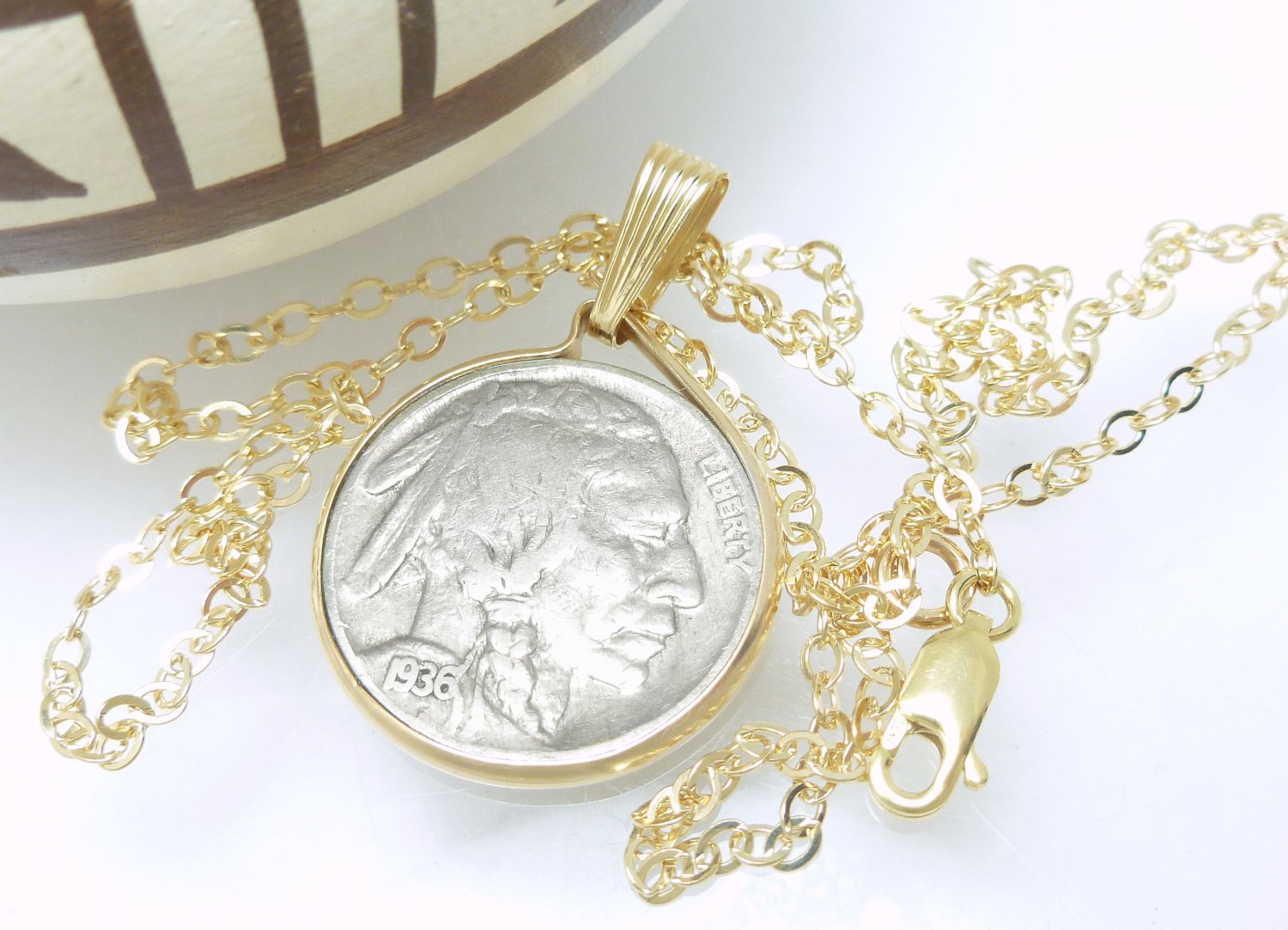 Buffalo Nickel 1936 Coin Pendant 14kt Gold Filled Chain Necklace Coin ...