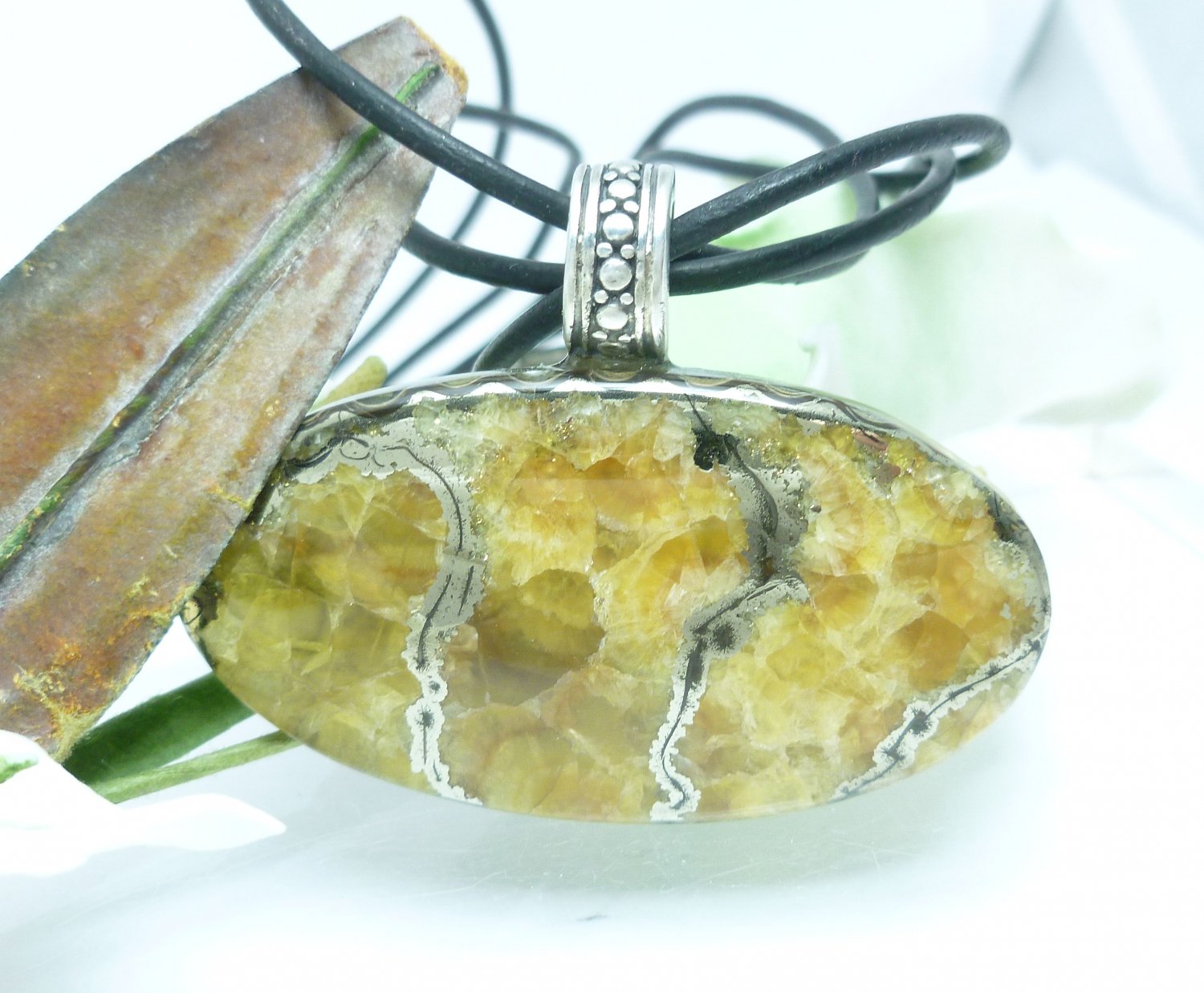 Russian Simbercite Pyrite Gemstone Cabochon Sterling Pendant Leather Cord Artisan Jewelry