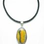 Bumble Bee Jasper Oval Sterling Pendant Necklace Black Leather Cord Artisan Jewelry