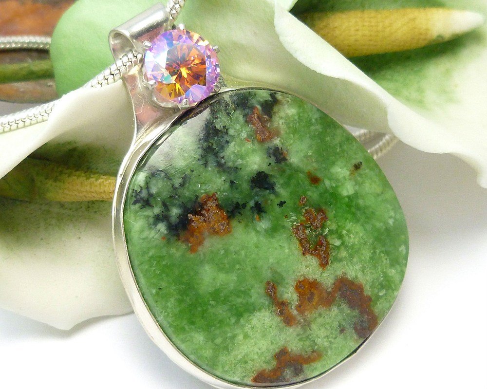 Natural Serpentine Gemstone Round Sterling Pendant Artisan Jewelry