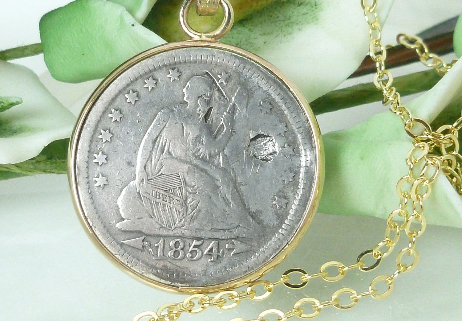 Vintage Seated Liberty 1854 Coin Quarter Pendant 14kt Gold Filled