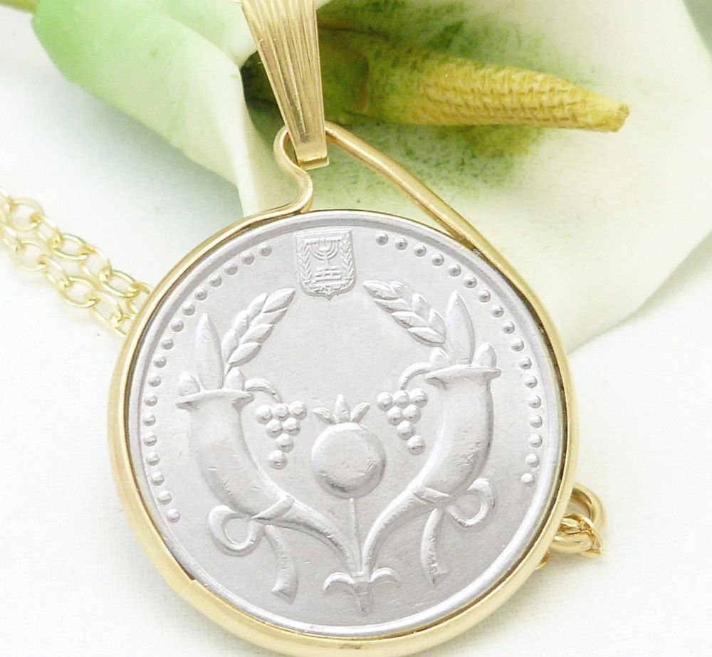 Israel 2 New Sheqalim Coin Pendant 14kt Gold Filled Chain Necklace Coin jewelry