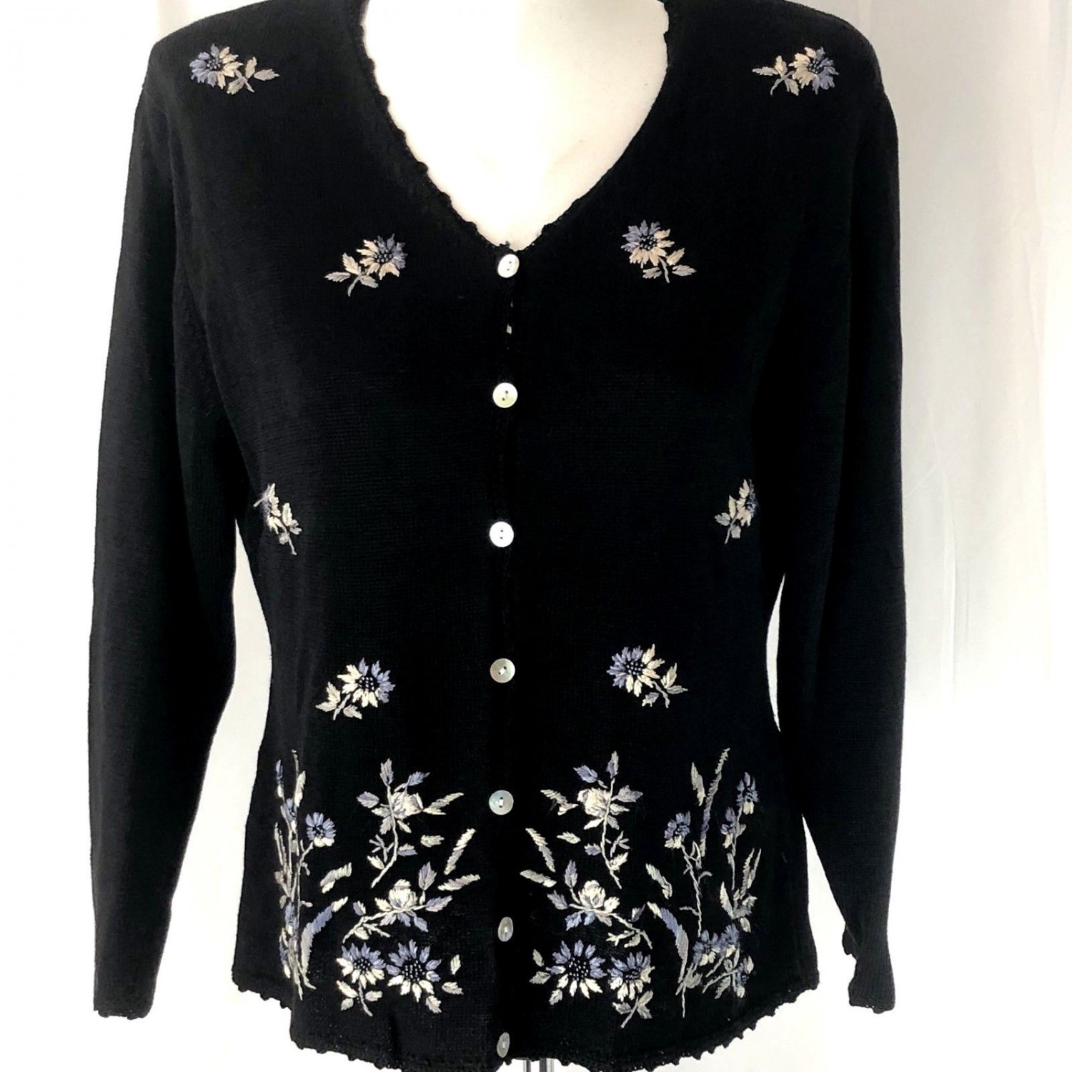 Ladies Sweater Medium Emily Rose Black Embroidered Flowers Long Sleeve ...