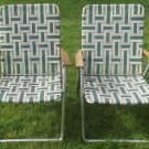 Vintage ALUMINUM Folding 2 LAWN CHAIRS Webbing Patio Camping MATCHING PR Wood  +