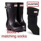 Hunter Original Matte Short black rubber wellies Rain Snow Boots + Socks Sz 8