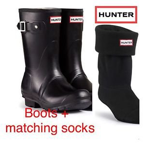Hunter Original Matte Short black rubber wellies Rain Snow Boots + Socks Sz 8