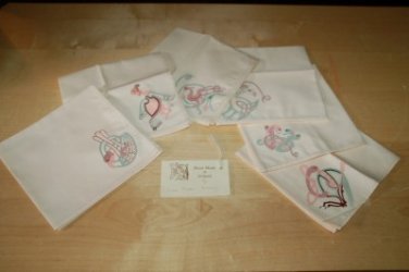 Vintage Handpainted Mythical Bird Table Napkins Linens Unused Pink Green Maroon