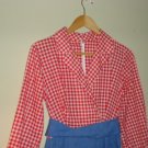 Vintage 70s Maxi Dress S Gingham Red White Blue Flower Applique Long Sleeve