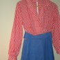 Vintage 70s Maxi Dress S Gingham Red White Blue Flower Applique Long Sleeve