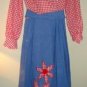 Vintage 70s Maxi Dress S Gingham Red White Blue Flower Applique Long Sleeve