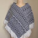Vintage Black and White Poncho Made in Guatemala Pacaya Rug Coat with Fringe
