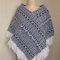 Vintage Black and White Poncho Made in Guatemala Pacaya Rug Coat with Fringe