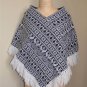 Vintage Black and White Poncho Made in Guatemala Pacaya Rug Coat with Fringe