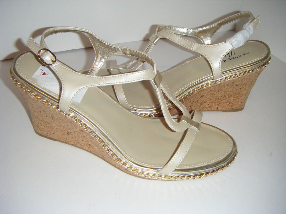 ANNE KLEIN I FLEX AUDRIS GOLD TAUPE OFF WHITE WEDGE SANDLES HEELS SHOES 10