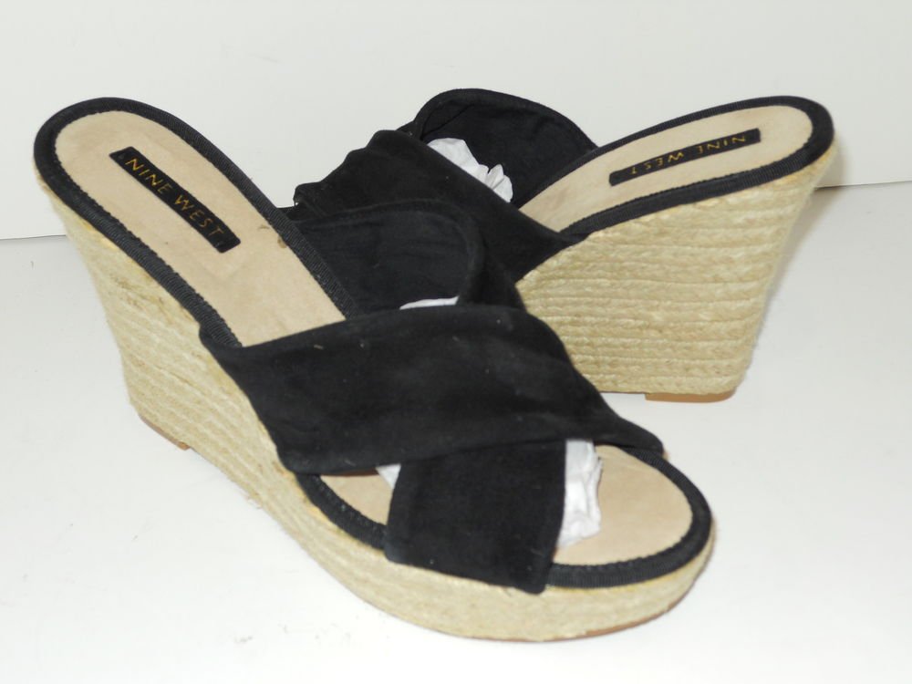 Nine West Black Jocelyn Wedge Heels Slides Espidrilles Sandals Slides ...