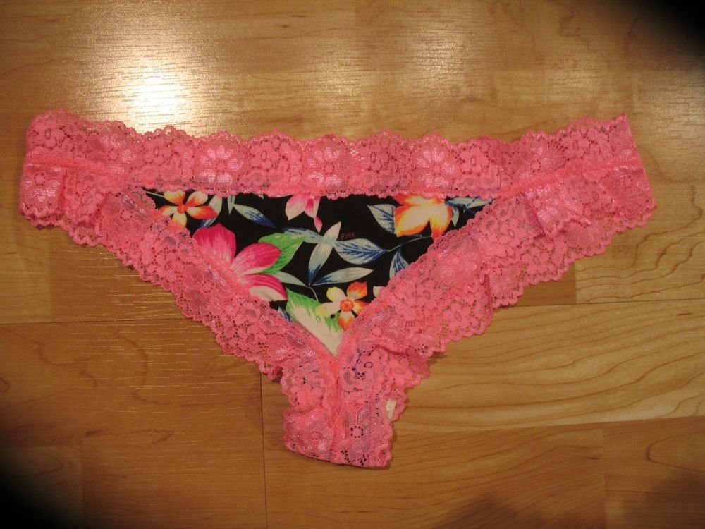 Victoria's Secret Pink Lace-Edged Thong Bold Pink w/ Blck/Grn/Pnk ...