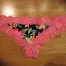 Victoria's Secret Pink Lace-Edged Thong Bold Pink w/ Blck/Grn/Pnk flowers Medium