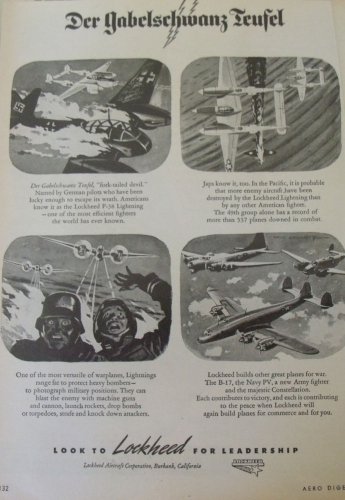 1940s WWII Lockheed P-38 Lightning "Fork Tailed Devil" ad