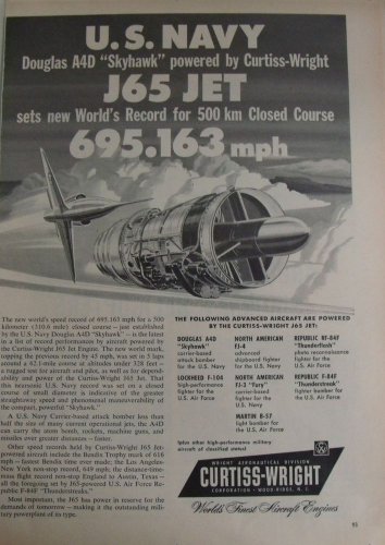 1950s Curtiss-Wright J65 turbojet  / Douglas A4D A-4 Skyhawk speed record ad