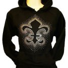 Fleur de lis Rhinestone Hoodie Pullover Black Sweats Sweatshirt free shipping