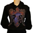 Cross Wings Flowers Rhinestone Hoodie Pullover Black Sweats Hooded Sweatshirt