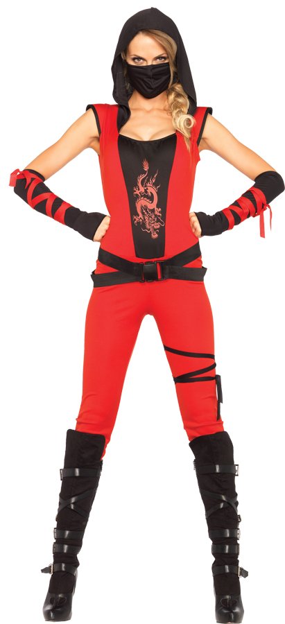 Authentic 4 pc Red NINJA ASSASSIN Jumsuit  Women Halloween Costume ADULT Small 4-6