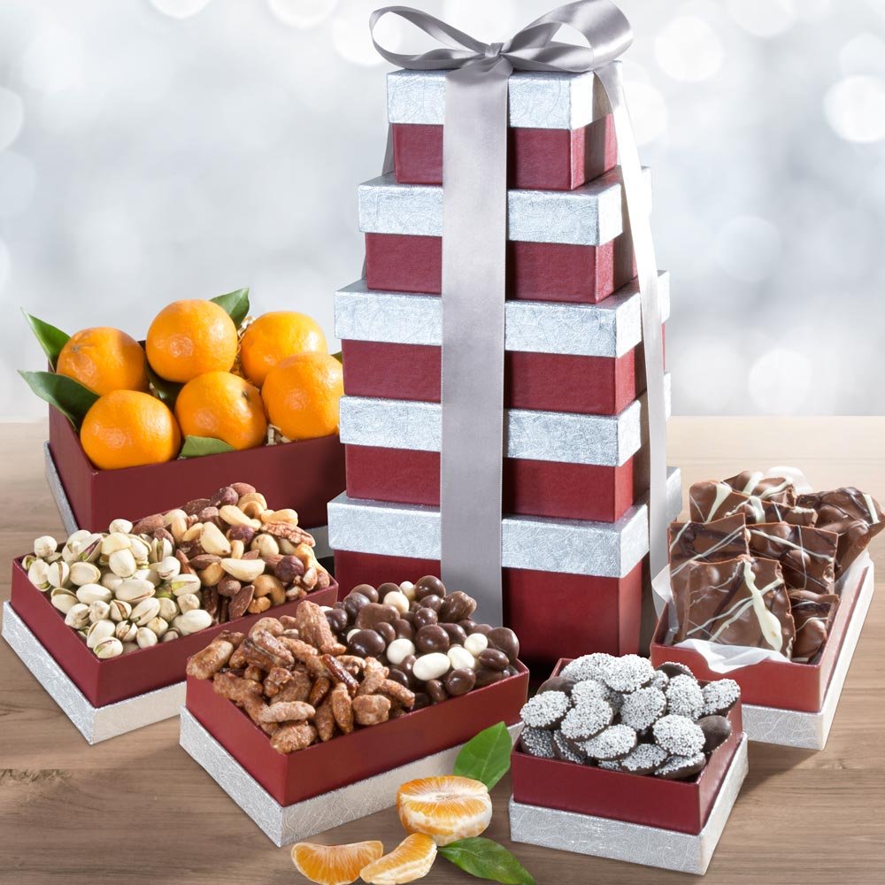 Layers of Wonder Fruit, Nuts and Chocolates Tower New Year Gift Basket