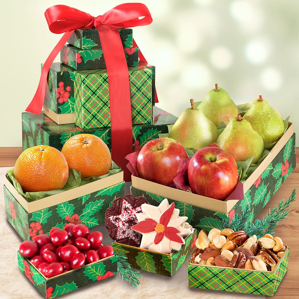 Holly Jolly Christmas Fruit Tower Christmas New Year Gift Basket