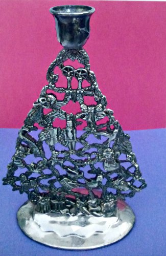 VTG Silverplated Christmas Tree Single Candle Holder Ornate Details 10'' X 6''
